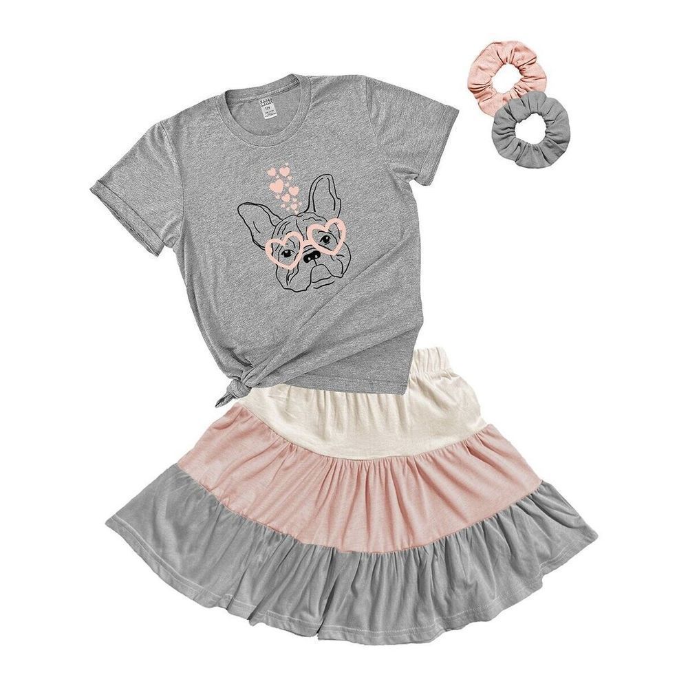 Urban Smalls Heather Gray & Pink French Bulldog Heart Glasses Tee Set Size 8Y